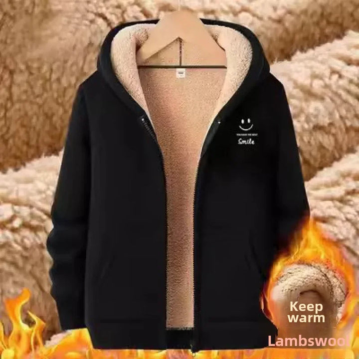 Thickened Fleece-lined Casual Hooded Sweatshirt Plus Size23 Winter New Style Men's Warm Jacket Loose Fit Sheep Velvet