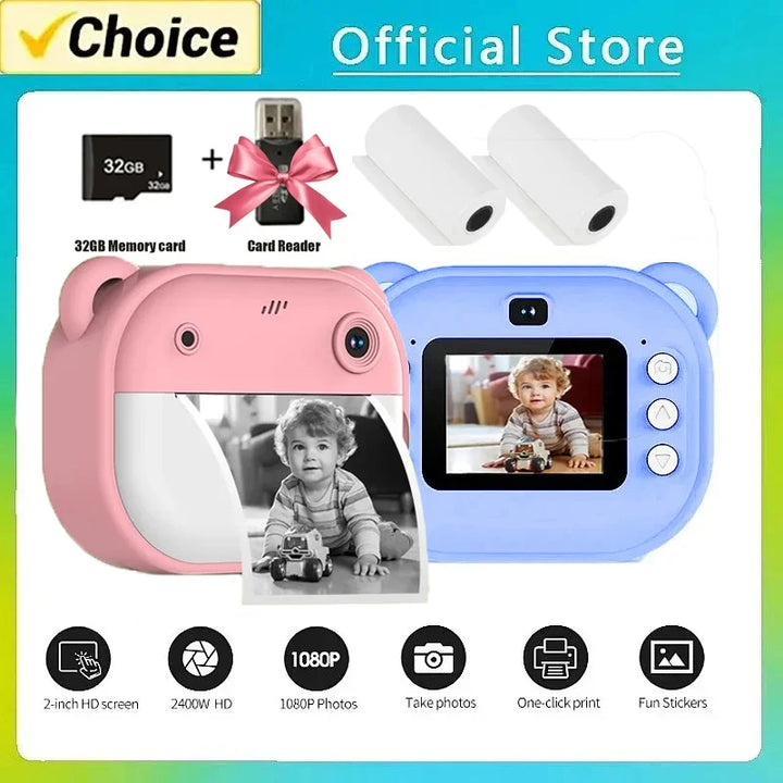 Children Digital Camera Instant Print for Kids Thermal Print Camera Instant Photo Printing Camera Video Toys+32G Memory Card