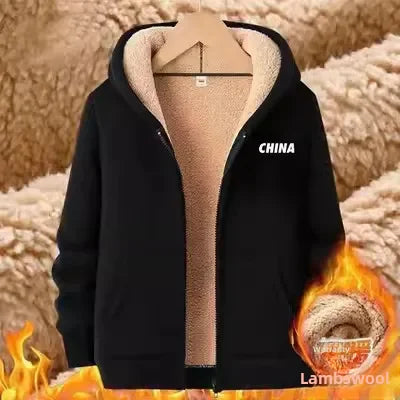 Thickened Fleece-lined Casual Hooded Sweatshirt Plus Size23 Winter New Style Men's Warm Jacket Loose Fit Sheep Velvet