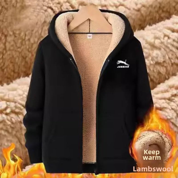 Thickened Fleece-lined Casual Hooded Sweatshirt Plus Size23 Winter New Style Men's Warm Jacket Loose Fit Sheep Velvet