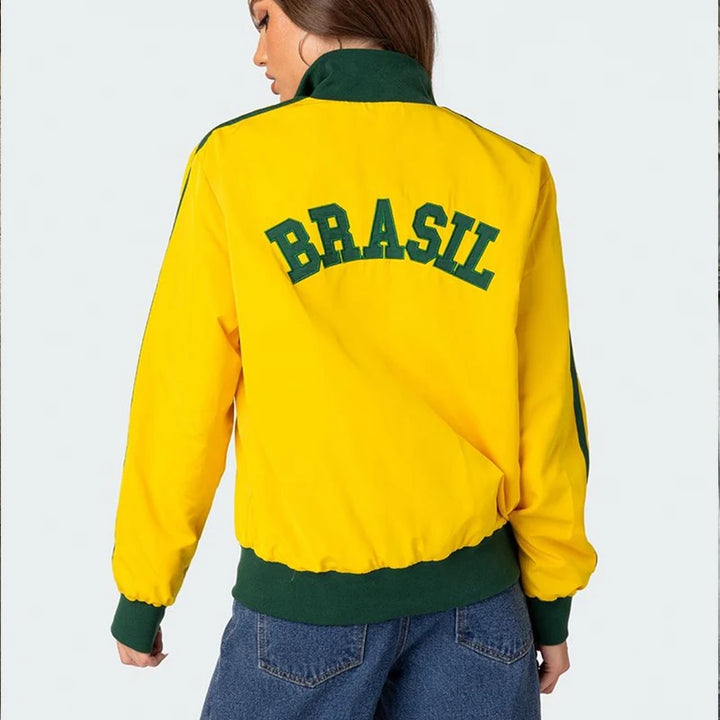 2000s Retro Hoodies Yellow Sport Coat Women Goth Brasil Embroidery Female Harajuku Zip Hooded Jacket Streetwear Y2K Sweatshirts